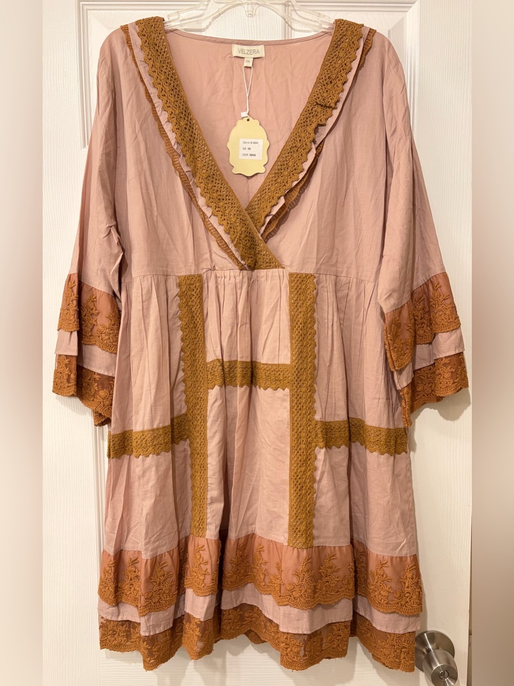 Velzera Dusty Blush Mini Cotton Dress Cover Up with Rust Lace Accents Size 2XL